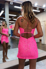 Fuchsia Bodycon Spaghetti Straps Short Homecoming Dress