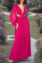 Fuchsia Chiffon Formal Dress Long Sleeves V Neck Wedding Guest Dress