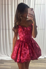Fuchsia Floral Off-the-Shoulder A-Line Corset Short Homecoming Dress