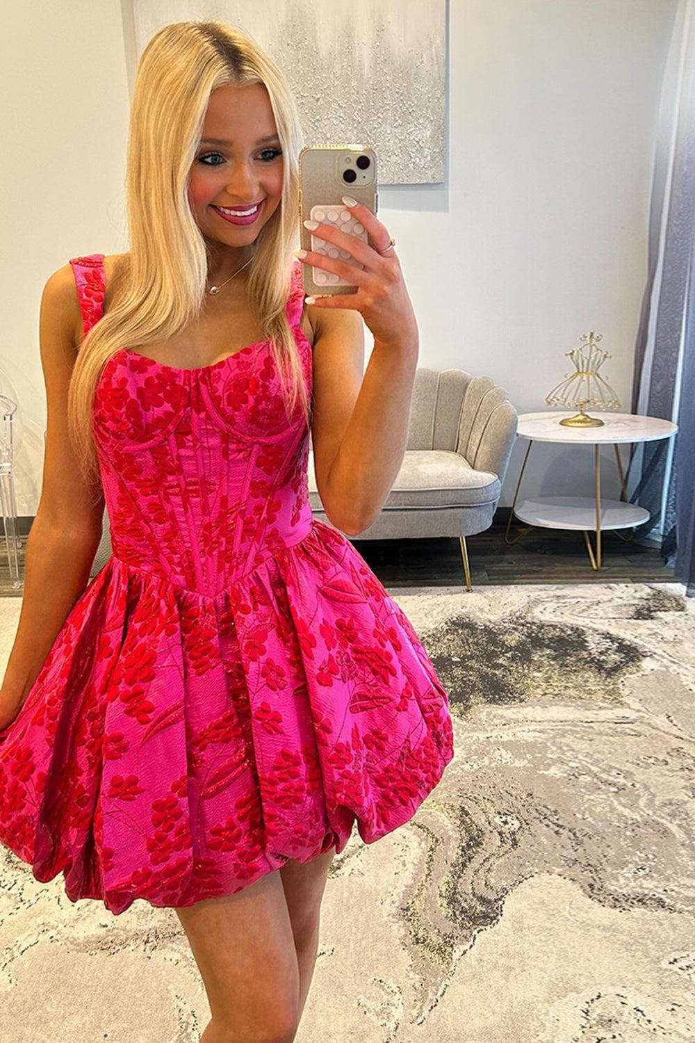 Fuchsia Floral Ruched A-Line Corset Short Homecoming Dress