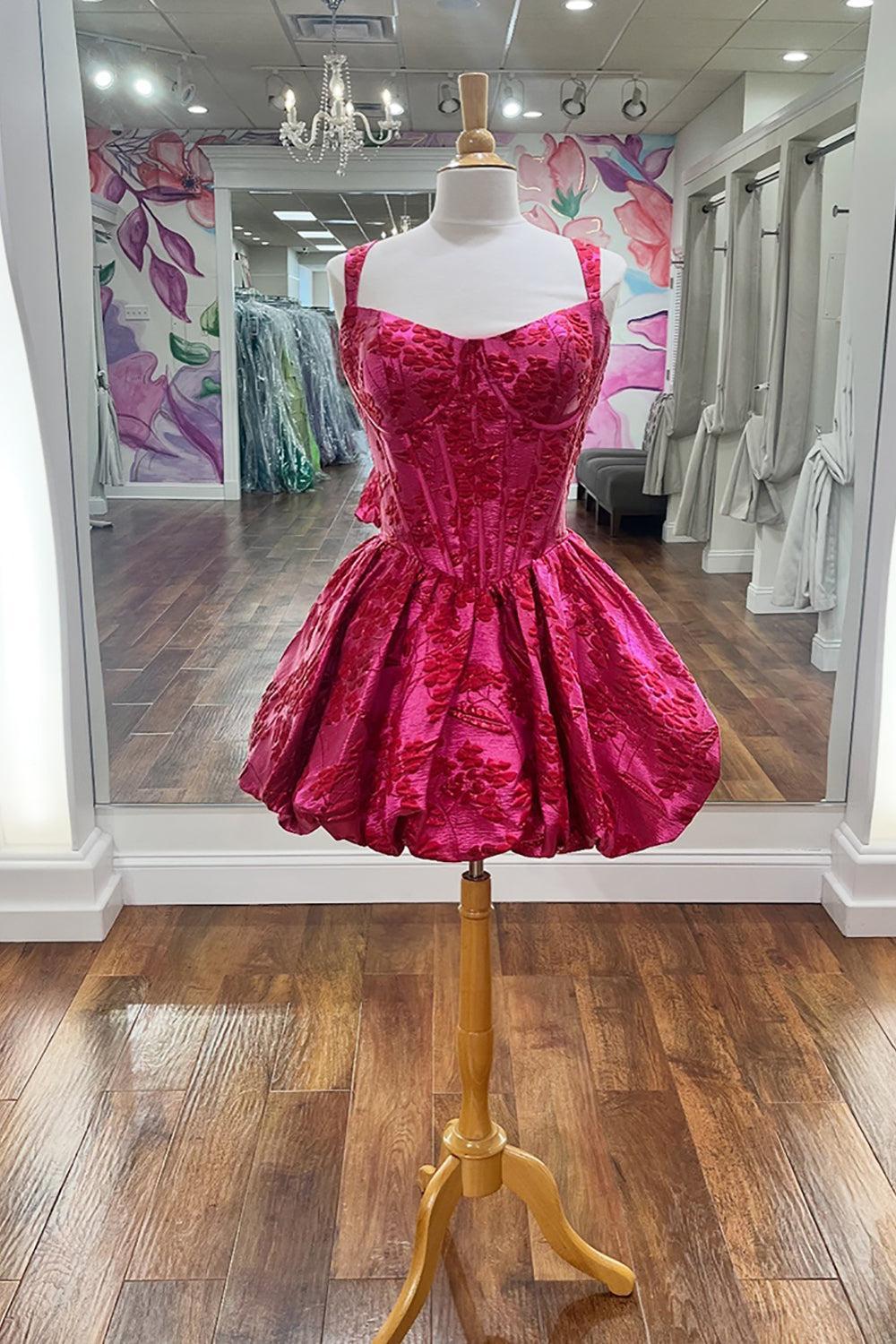 Fuchsia Floral Ruched A-Line Corset Short Homecoming Dress