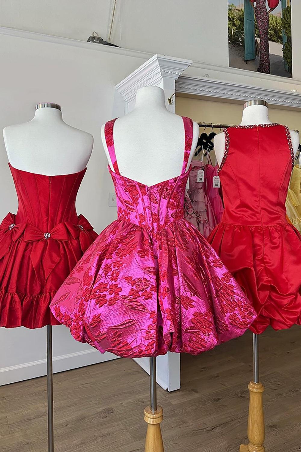 Fuchsia Floral Ruched A-Line Corset Short Homecoming Dress
