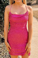 Fuchsia Halter Glitter Knitted Sleeveless Short Homecoming Dress