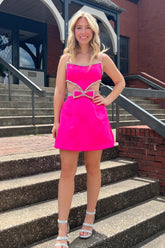 Fuchsia Homecoming Dress A-Line Short Beaded Prom Dress with Bows