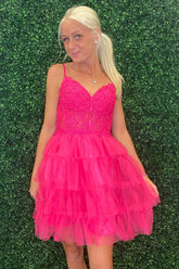 Fuchsia Homecoming Dress A Line Tiered Corset Short Prom Dress With Appliques