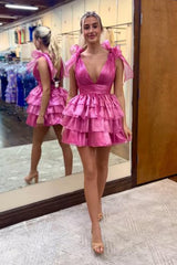 Fuchsia Homecoming Dress A Line V Neck Ruffled Short Cocktail Dresses
