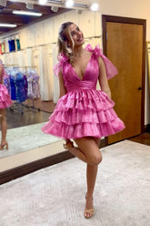 Fuchsia Homecoming Dress A Line V Neck Ruffled Short Cocktail Dresses