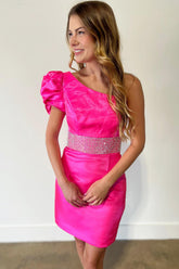 Fuchsia Homecoming Dress Beaded One Shoulder Tight Short Cocktail Dresses