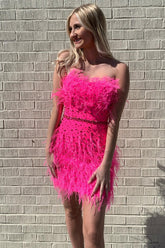 Fuchsia Homecoming Dress Beaded Tight Short Cocktail Dresses with Feathers