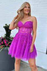 Fuchsia Homecoming Dress Corset A-Line Tulle Short Cocktail Dresses with Lace