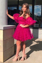 Fuchsia Homecoming Dress Corset Puff Sleeves A-Line Short Tulle Cocktail Party Dresses with Ruffles