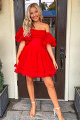 Fuchsia Homecoming Dress Corset Puff Sleeves A-Line Short Tulle Cocktail Party Dresses with Ruffles