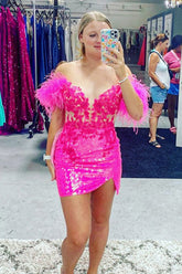 Fuchsia Homecoming Dress Corset Sequin Tight Short Cocktail Dresses with Feathers