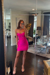 Fuchsia Homecoming Dress Corset Sequin Tight Short Prom Dress