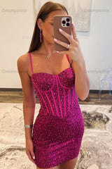 Fuchsia Homecoming Dress Corset Tight Short Cocktail Dresses with Beadings