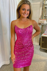 Fuchsia Homecoming Dress Detachable Off the Shoulder Sequin Tight Cocktail Party Dresses