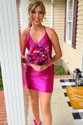 Fuchsia Homecoming Dress Halter Tight Short Prom Dress with Beadings