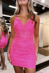 Fuchsia Homecoming Dress Lace Sequin Tight Short Cocktail Dresses with Feathers