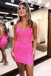 Fuchsia Homecoming Dress Lace Sequin Tight Short Prom Dress with Feathers