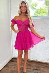 Fuchsia Homecoming Dress Lace-Up Back A-Line Short Cocktail Dresses with Lace