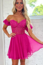 Fuchsia Homecoming Dress Lace-Up Back A-Line Short Cocktail Dresses with Lace