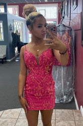 Fuchsia Homecoming Dress Lace Up Back Tight Short Cocktail Dresses with Sequin