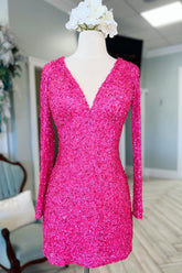 Fuchsia Homecoming Dress Long Sleeves Sequin Tight Short Cocktail Dresses