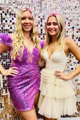 Fuchsia Homecoming Dress Off the Shoulder Tight Short Cocktail Dresses with Feathers