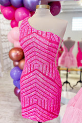 Fuchsia Homecoming Dress One Shoulder Sequin Tight Short Prom Dress