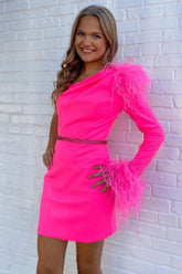 Fuchsia Homecoming Dress One Shoulder Sequined Tight Short Cocktail Dresses with Feathers