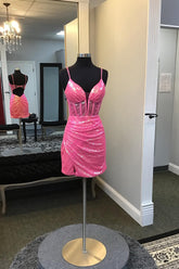 Fuchsia Homecoming Dress Open Back Corset Tight Short Sequin Cocktail Party Dresses
