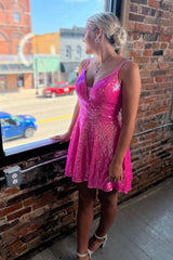 Fuchsia Homecoming Dress Sequin A Line Short Prom Dress