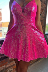 Fuchsia Homecoming Dress Sequin A Line Short Prom Dress