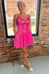 Fuchsia Homecoming Dress Sequin A Line Short Prom Dress