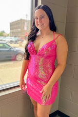 Fuchsia Homecoming Dress Sequin Backless Tight Short Prom Dress