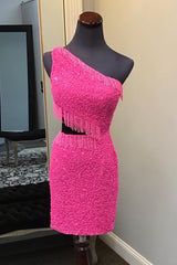 Fuchsia Homecoming Dress Sequin Fringed Cut Out Tight Short Prom Dress