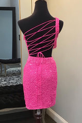 Fuchsia Homecoming Dress Sequin Fringed Cut Out Tight Short Prom Dress