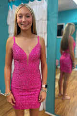 Fuchsia Homecoming Dress Sequin Lace-Up Back Tight Short Prom Dress