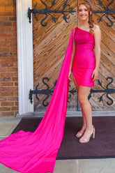 Fuchsia Homecoming Dress Sequin One Shoulder Watteau Train Tight Prom Dress