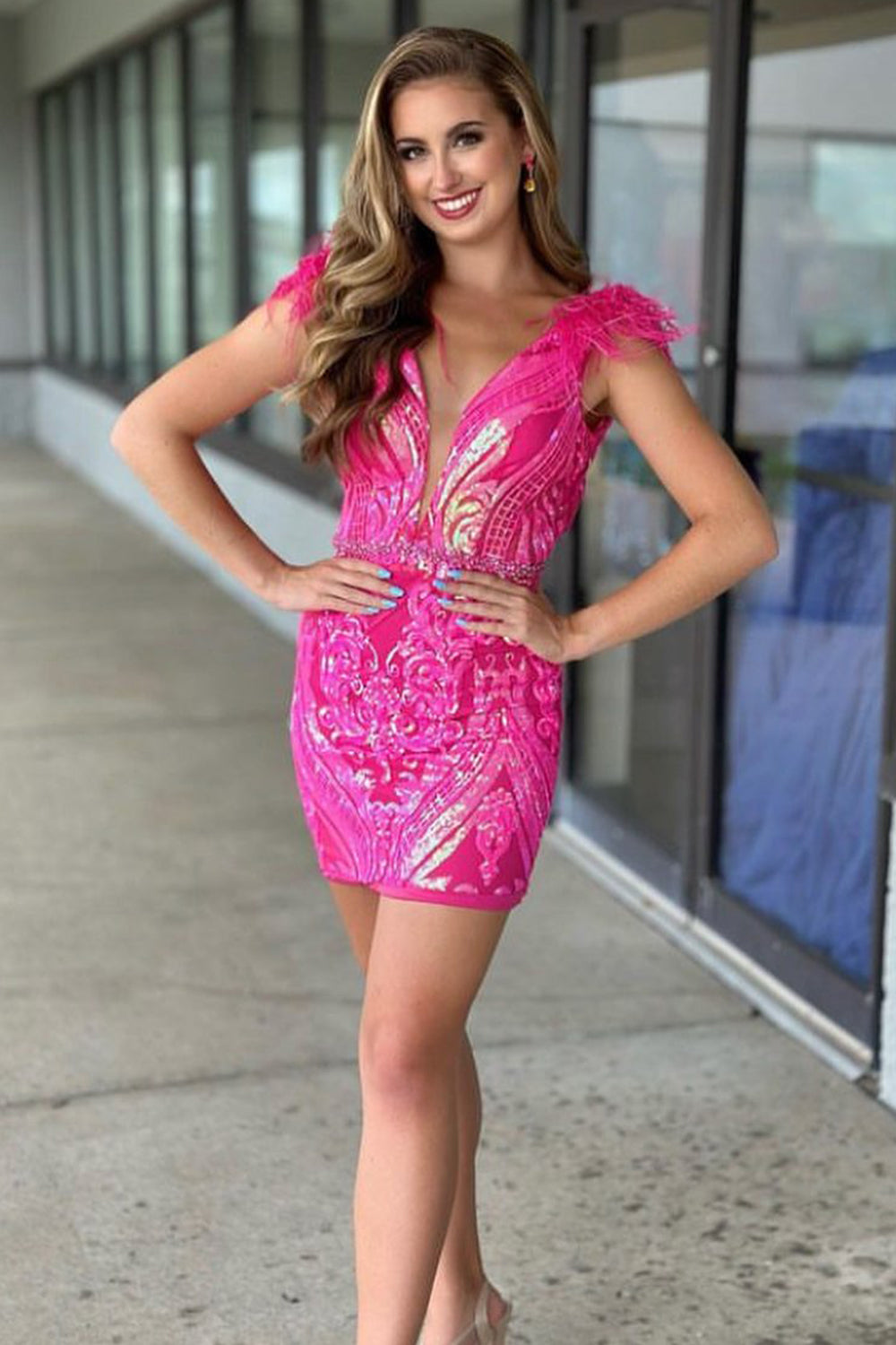 Fuchsia Homecoming Dress Sequin Short Tight Prom Dress With Feathers