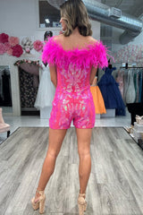 Fuchsia Homecoming Dress Sequin Tight Short Hoco Jumpsuits with Feathers