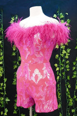 Fuchsia Homecoming Dress Sequin Tight Short Hoco Jumpsuits with Feathers