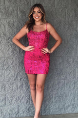 Fuchsia Homecoming Dress Sequined Corset Tight Short Prom Dress