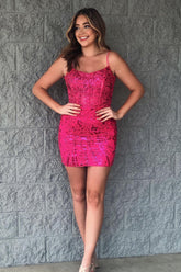 Fuchsia Homecoming Dress Sequined Corset Tight Short Prom Dress