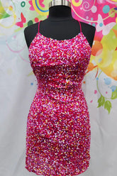 Fuchsia Homecoming Dress Sequined Spaghetti Straps Tight Short Prom Dress
