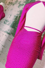 Fuchsia Homecoming Dress Sequined Tight Short Prom Dress with Sleeves