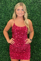 Fuchsia Homecoming Dress Sleeveless Sequin Tight Short Cocktail Dresses