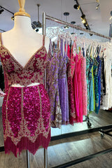 Fuchsia Homecoming Dress Spaghetti Straps Bodycon Short Prom Dress with Fringe