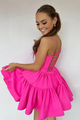 Fuchsia Homecoming Dress Spaghetti Straps Lace-Up Back A-Line Short Satin Cocktail Party Dresses
