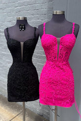 Fuchsia Homecoming Dress Spaghetti Straps Tight Corset Short Prom Dress